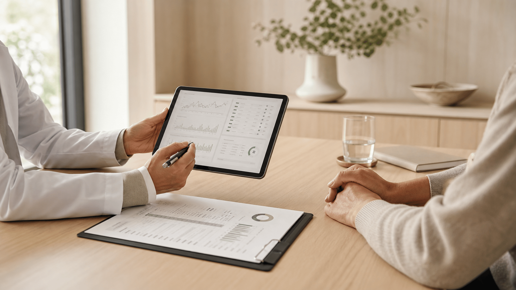 Physician reviewing health trends with a patient during a warm, private longevity medicine consultation